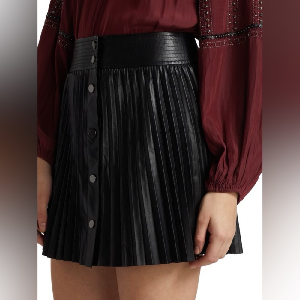 Ramy Brook Anya Vegan Leather Pleated High Waisted Skirt Snap Up Black Size 0 - Picture 3 of 10